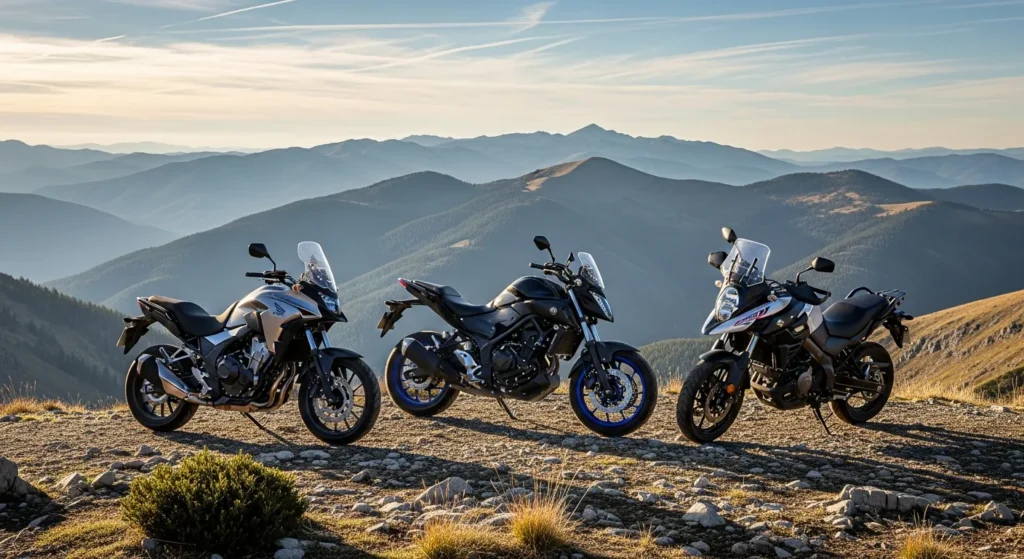 Three 2026 motorcycles (Honda CB500X, Yamaha MT-03, Suzuki V-Strom 800) parked on mountain overlook