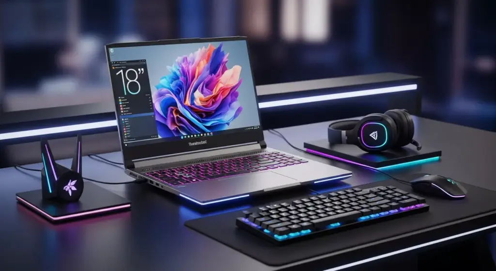 Thunderobot Zero 18 Pro 5090 laptop on a stylish desk setup, 18-inch display glowing, futuristic RGB edges, premium tech launch aesthetic.