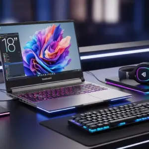 Thunderobot Zero 18 Pro 5090 laptop on a stylish desk setup, 18-inch display glowing, futuristic RGB edges, premium tech launch aesthetic.
