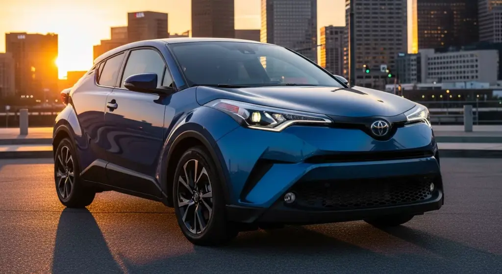 Toyota C-HR+ EV 2026, sleek futuristic electric crossover parked outdoors, glossy metallic paint, sharp LED headlights.