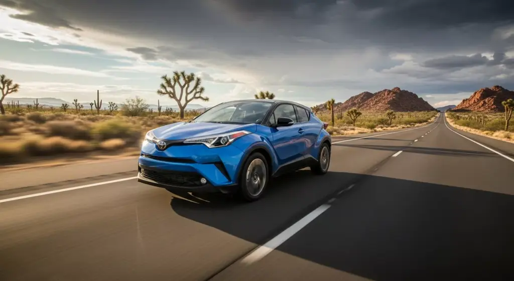 Toyota C-HR+ EV driving fast on an open highway, dynamic motion blur, AWD electric torque performance.