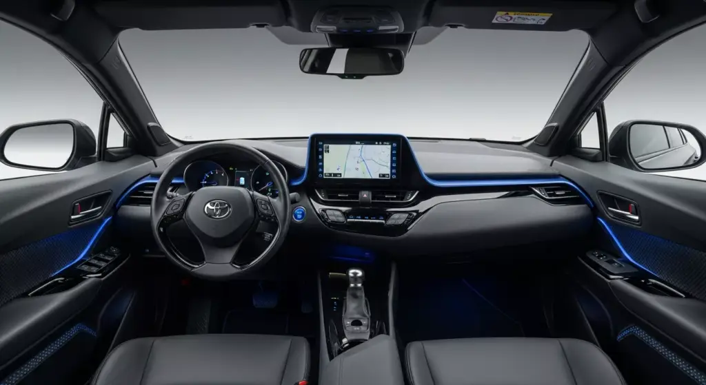 Toyota C-HR+ EV interior cockpit, 14-inch infotainment touchscreen, digital instrument cluster, ambient cabin lighting.