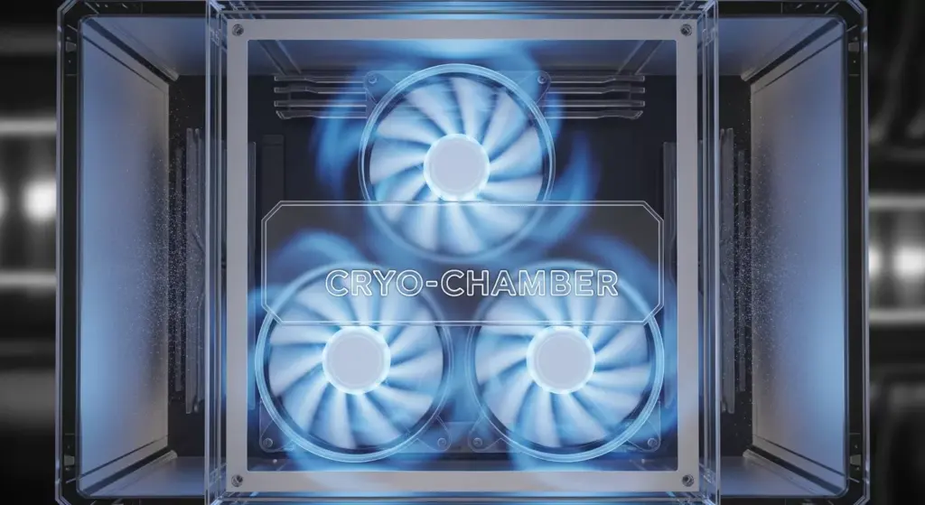 Transparent bottom view (or semi-transparent render) showing internal fans spinning under a glass panel