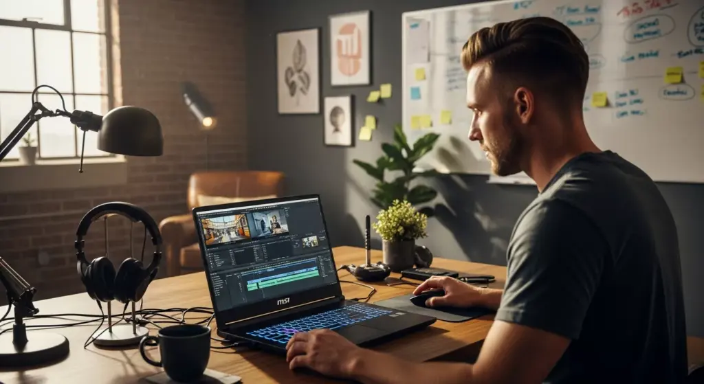 U.S. creator editing video with MSI Titan 18 HX AI in a loft studio