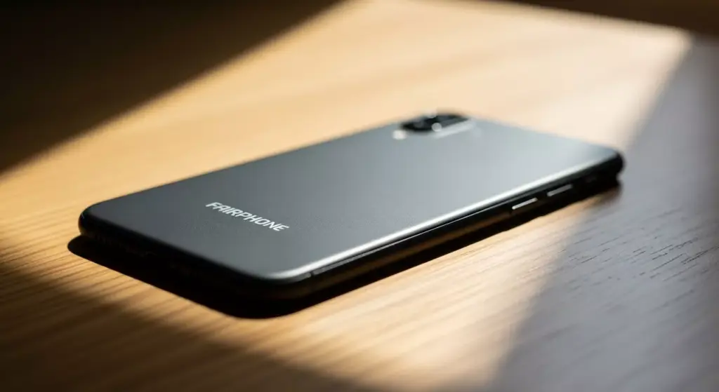 Ultra-realistic editorial product photo of the Fairphone 6 smartphone placed on a clean wooden desk, soft natural window light.