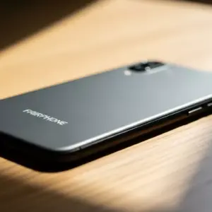 Ultra-realistic editorial product photo of the Fairphone 6 smartphone placed on a clean wooden desk, soft natural window light.