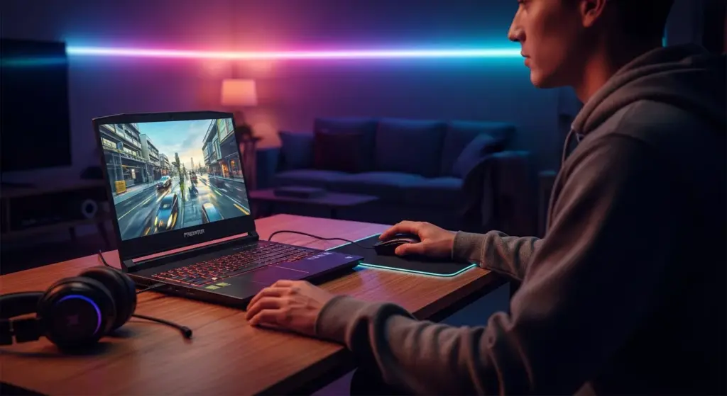 User gaming on Acer Predator Helios 18P AI in a modern US home setting, RGB room lighting