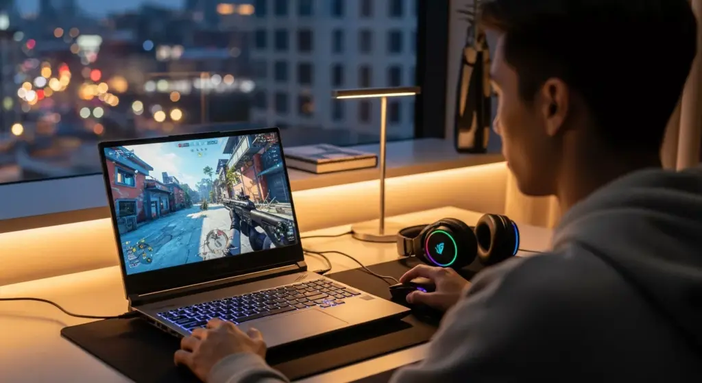 User gaming on ROG Strix SCAR 18 (2025) in a modern US apartment with city lights outside