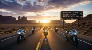 Wide cinematic shot of multiple electric motorcycles on a desert highway in the USA during sunrise