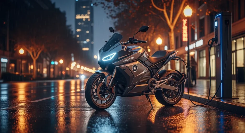 Yadea Kemper electric motorcycle charging on a city street at night