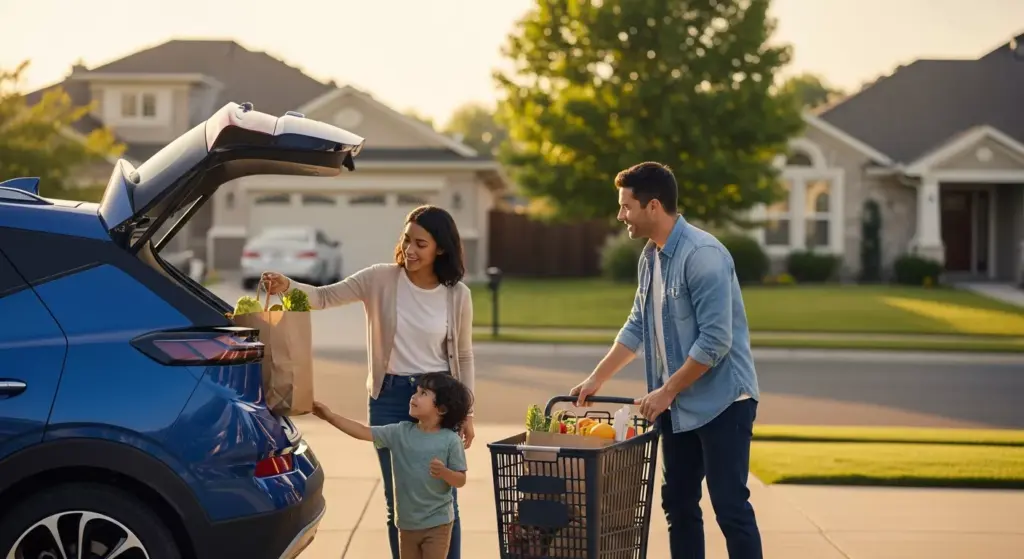 Young family loading groceries into a 2027 Chevrolet Bolt in an American suburb, warm sunset lighting.