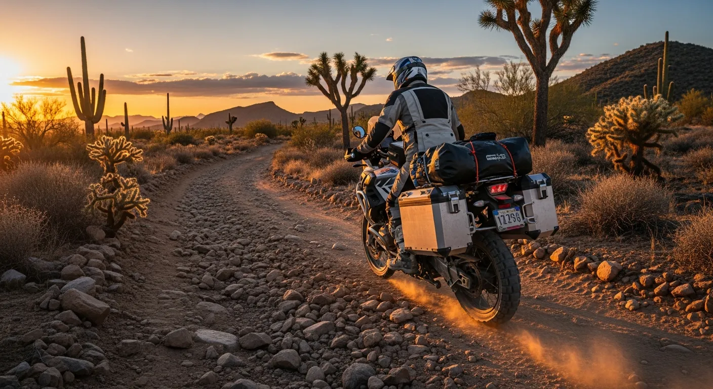 adventure motorcycle gear setup in desert trail at sunset
