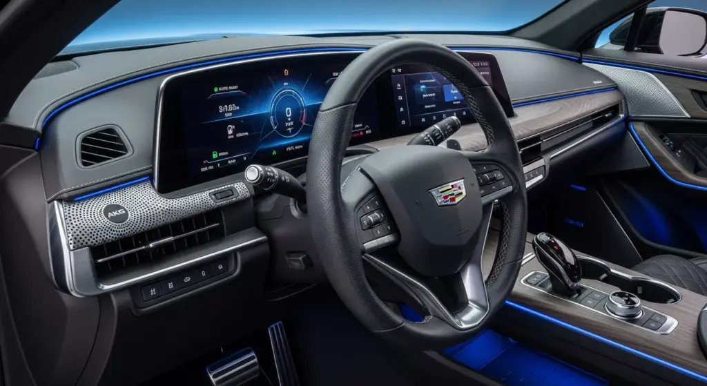 close-up-shots-of-cadillac-lyriq-v-interior-dashboard-and-steering-wheel-oled-display-glow-ambient-lighting-in-blue-akg-speakers-visible-luxury-texture-details-690a0a02a0275