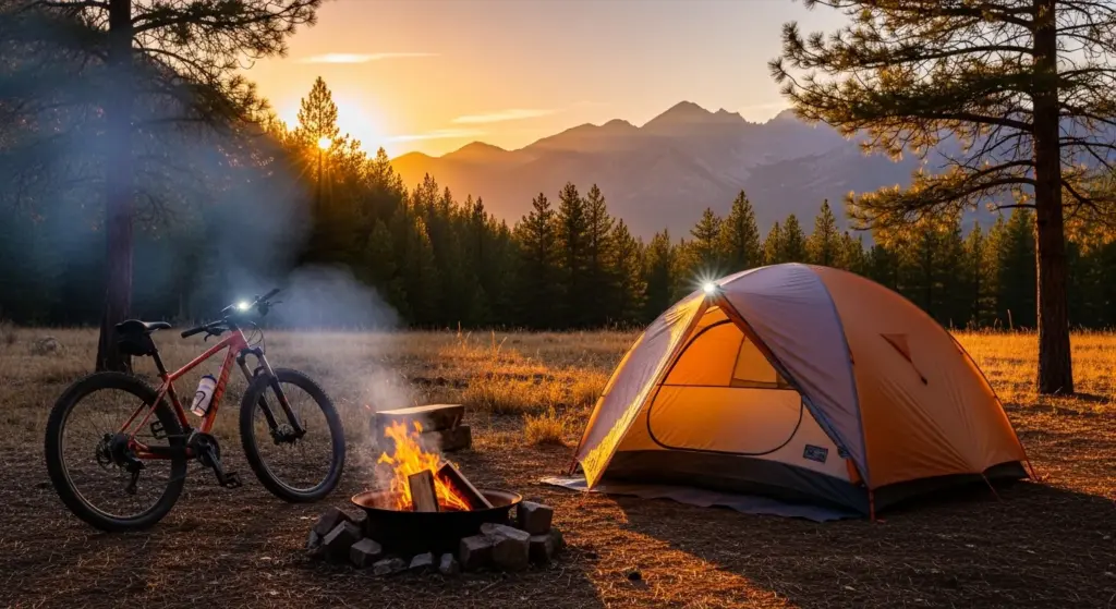 motorcycle camping setup with adventure gear in mountains
