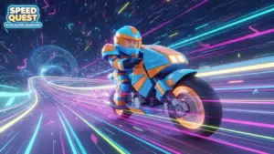 A Roblox-style motorcycle rider performing a high-speed race on a neon digital track, glowing speed lines