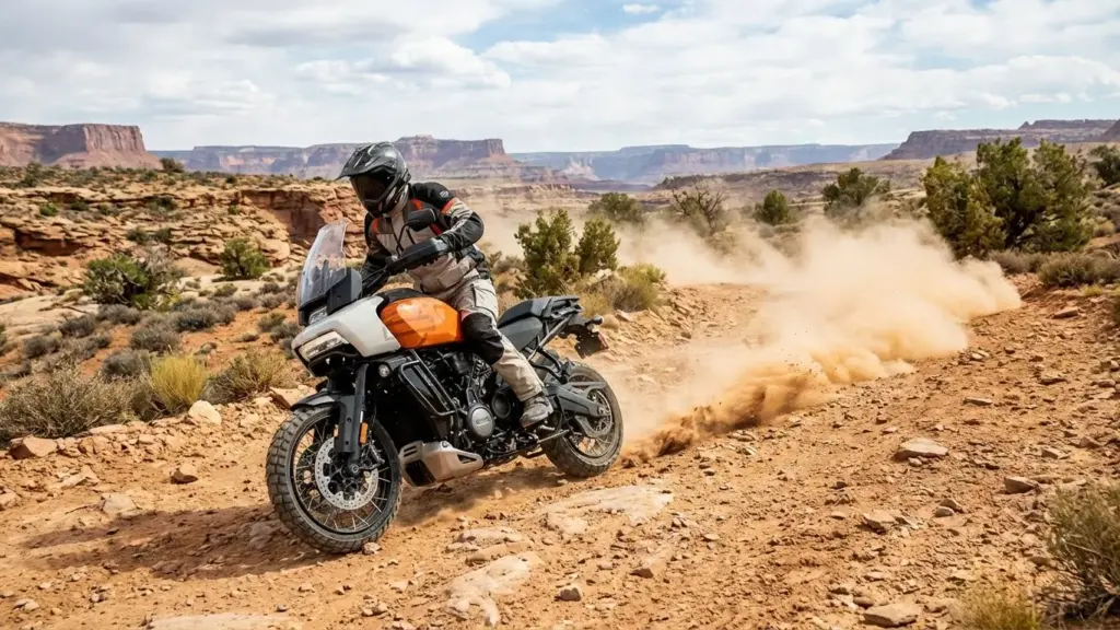Harley-Davidson Pan America tackling an off-road trail.