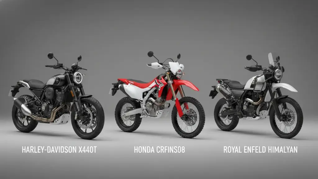 Harley-Davidson X440T side-by-side with a Honda CRF300L and Royal Enfield Himalayan, neutral background, motorcycle comparison layout.