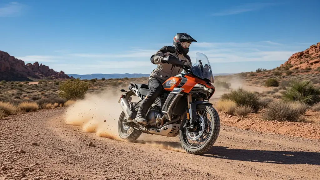 Harley-Davidson adventure-style motorcycle riding on a gravel road