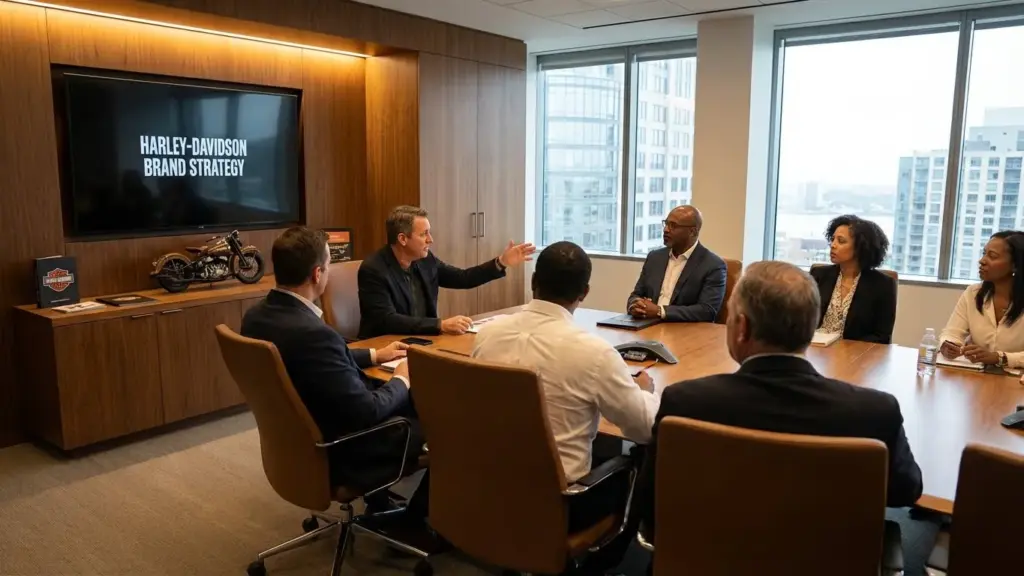 Harley-Davidson leadership team concept in a strategy meeting.