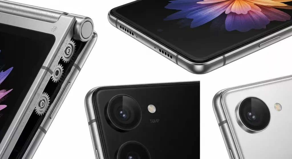 Macro close-up shots of Samsung Galaxy Z Flip 7 design elements — hinge mechanism, edge-to-edge FlexWindow 4.1-inch cover screen