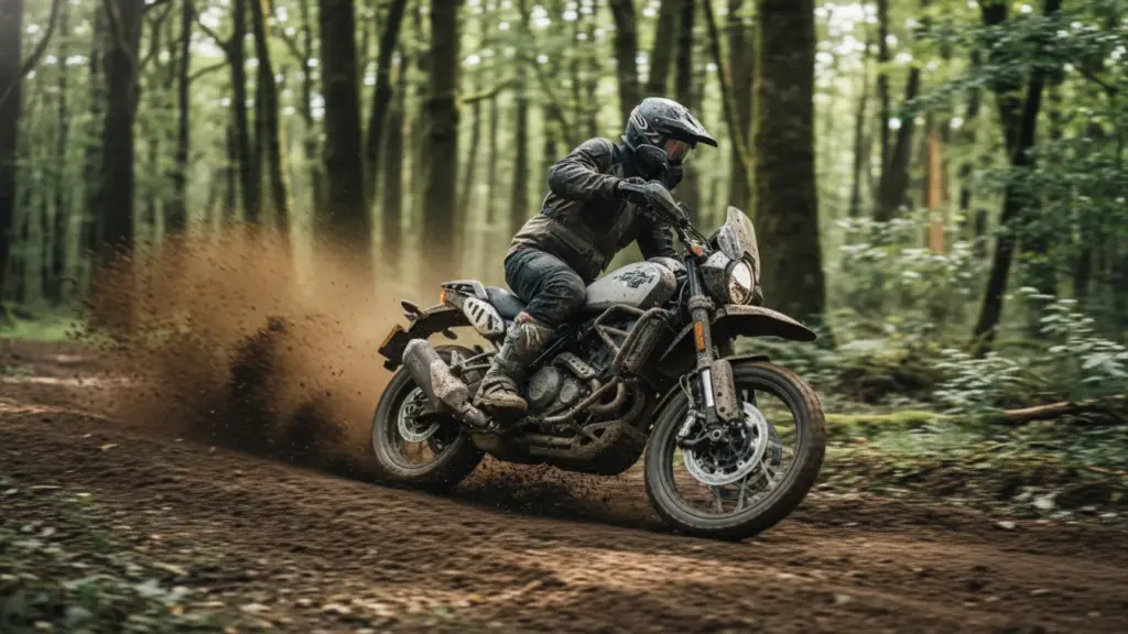 Rider leaning the Harley X440T through a muddy forest trail, flying dirt, motion blur, natural outdoor environment.