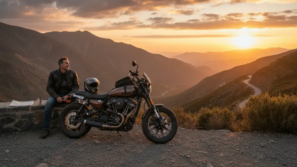 Rider parked with Harley X440T at a scenic overlook, helmet off, sunset, relaxed touring vibe.
