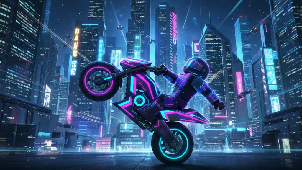 Roblox biker doing a side saddle wheelie colorful neon city vibes