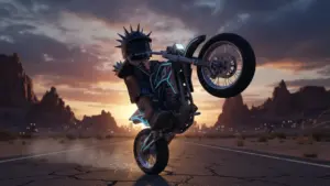 Roblox character in biker gear riding a stunt motorcycle cinematic mood