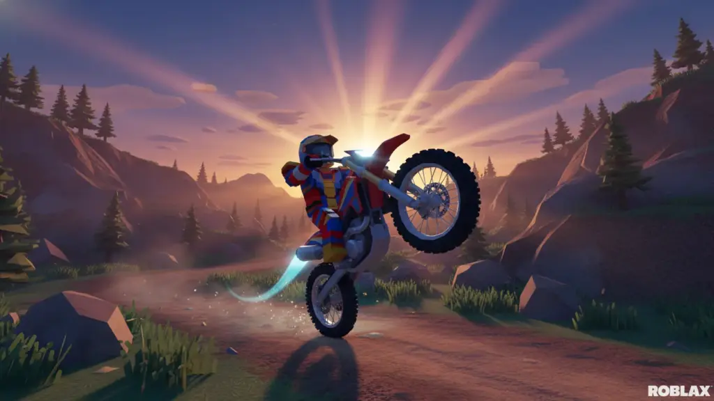 Roblox dirt bike wheelie in off road terrain stylized realistic lighting