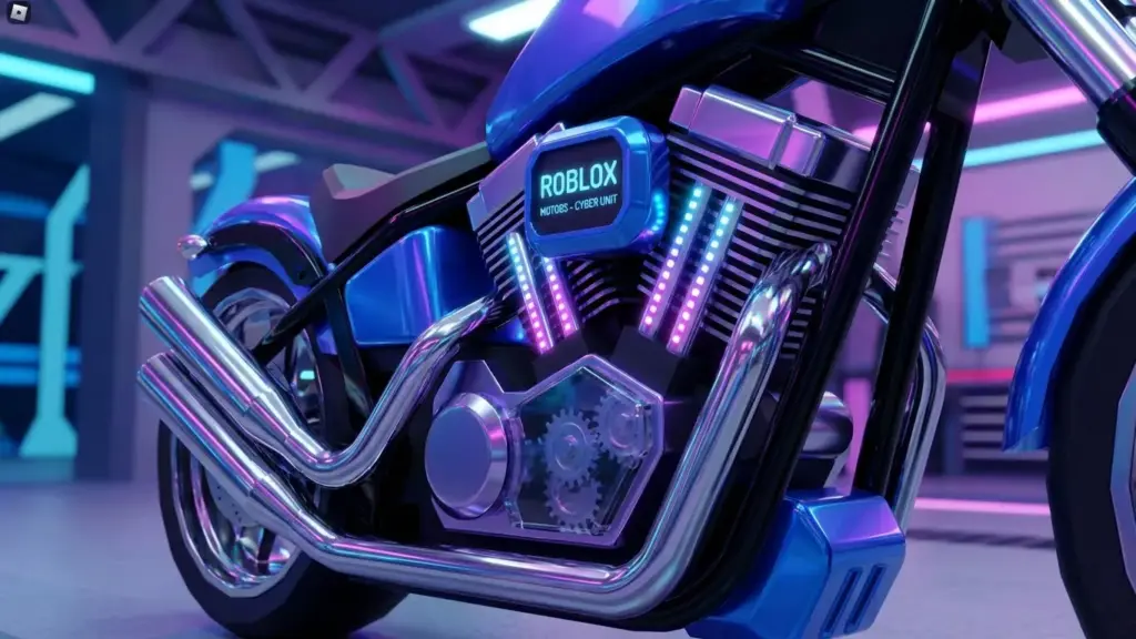 Roblox motorcycle close-up render, engine area, glossy reflections, futuristic game design.