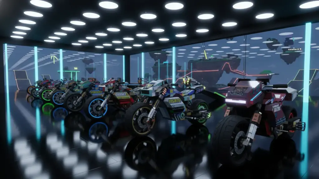 Roblox motorcycle lineup of the best stunt bikes showroom lighting