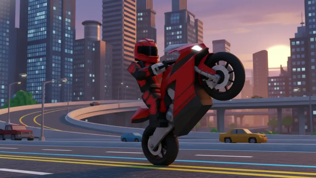 Roblox motorcycle stunt rider balancing a perfect wheelie urban city background