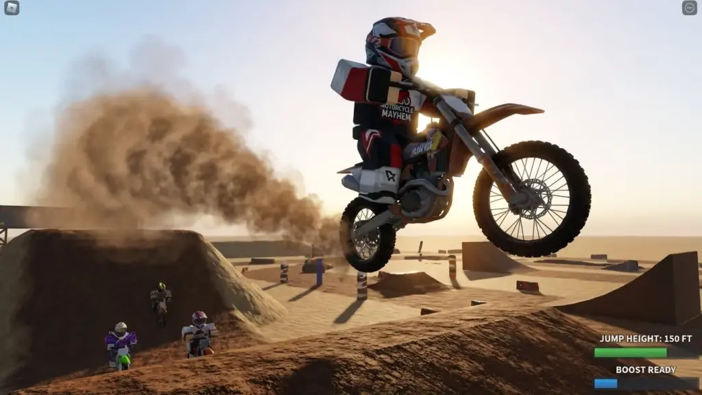Roblox rider performing a high jump in Motorcycle Mayhem, dust trail, dramatic angle.