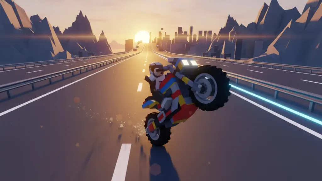 Roblox style motorcycle performing a wheelie on a long highway cinematic lighting