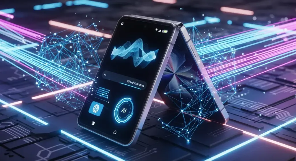 Samsung Galaxy Z Flip 7 in an energetic, motion-graphic style setting, screen unfolding smoothly