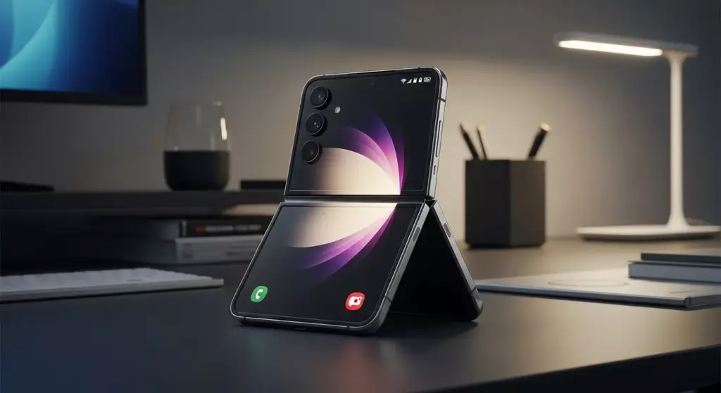 Samsung Galaxy Z Flip 7 placed on a minimalist desk setup, half-folded in Flex mode, glowing edge-to-edge FlexWindow cover display