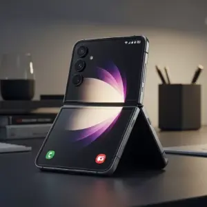 Samsung Galaxy Z Flip 7 placed on a minimalist desk setup, half-folded in Flex mode, glowing edge-to-edge FlexWindow cover display