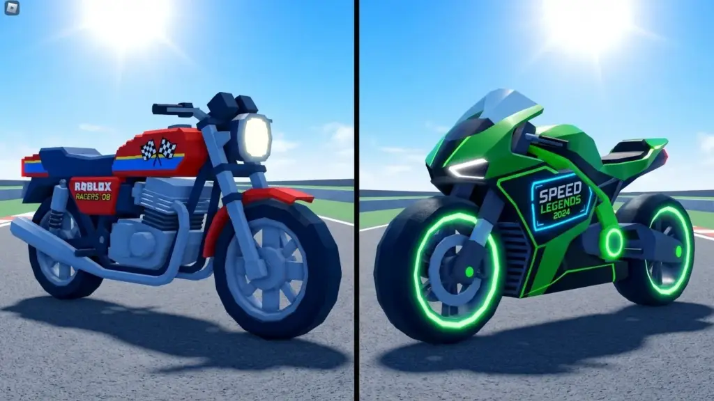 Side-by-side Roblox motorcycles from different racing games, clear visual differences, bright lighting.